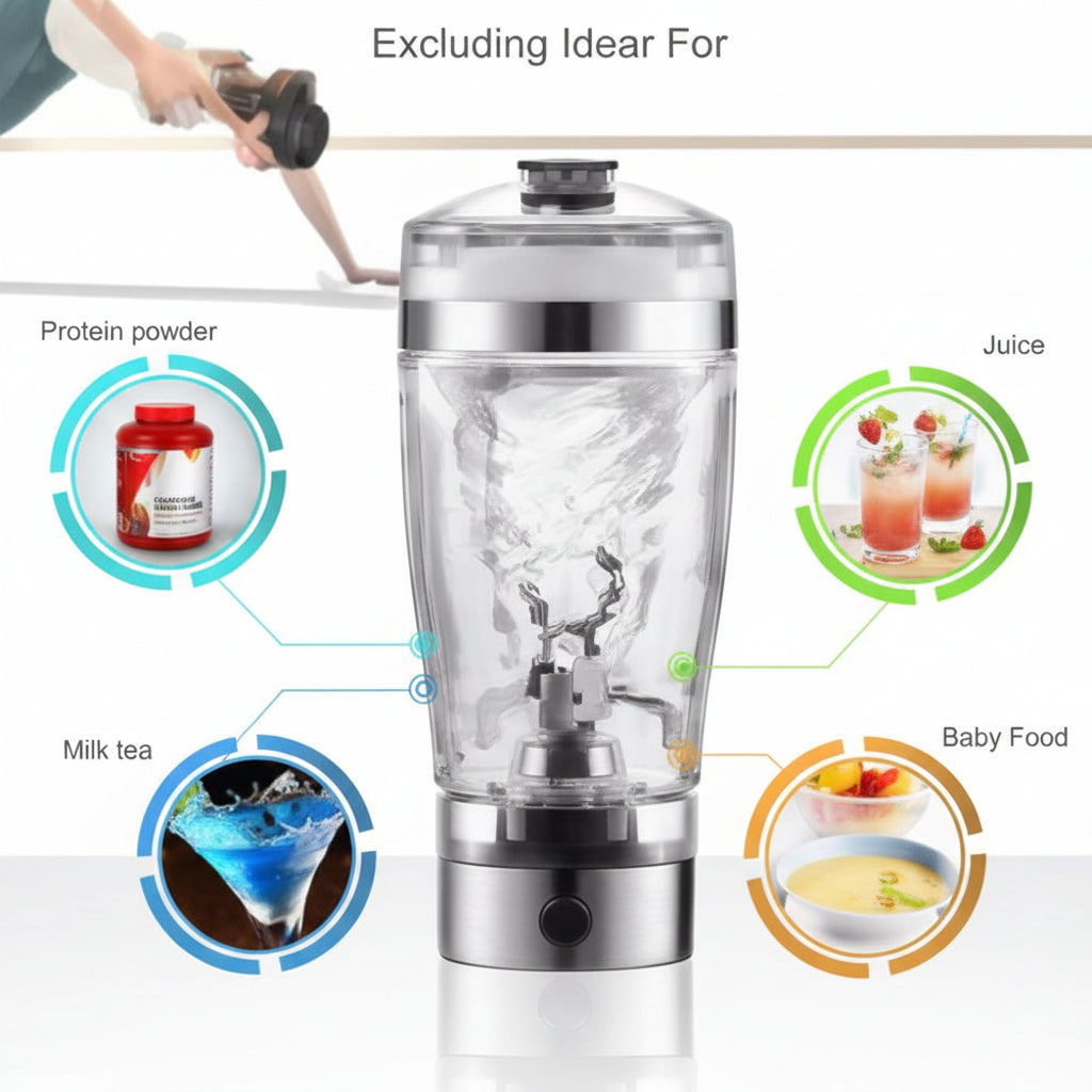 A cup of portable fruit juice, electric fruit mixer, a large cup
